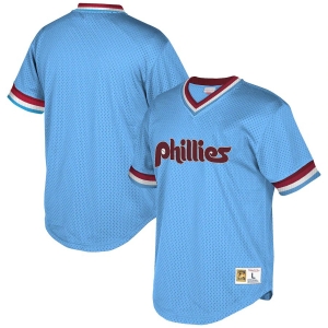 Men's Light Blue Cooperstown Collection Mesh Wordmark V-Neck Throwback Jersey