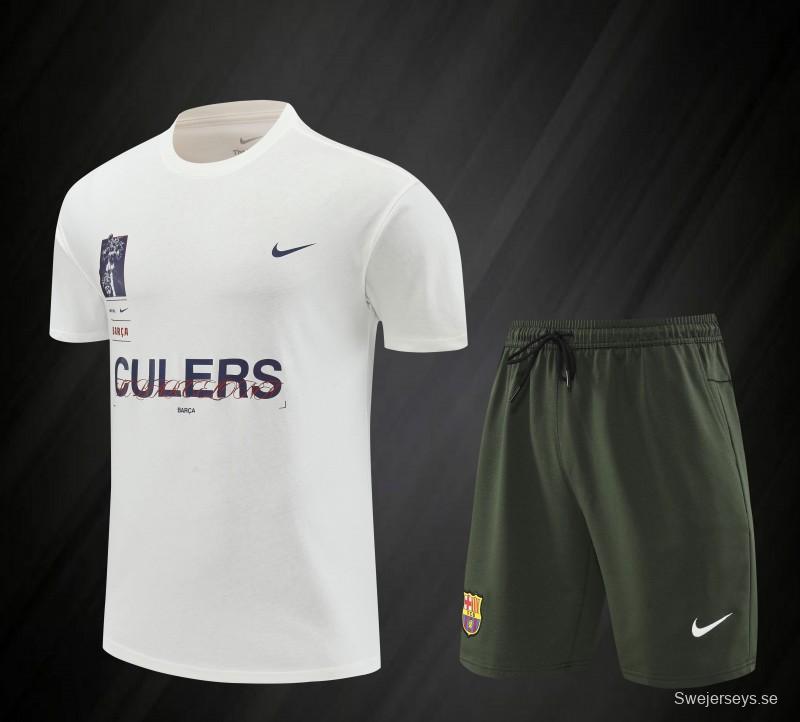 23/24 Barcelona White Cotton Short Sleeve Jersey+Shorts